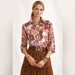 Ann Taylor Pink Boho Floral Western Blouse Long Sleeve Button-Down XL